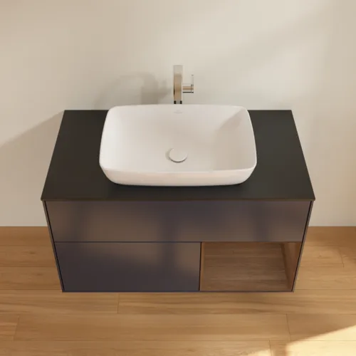 VILLEROY BOCH Toaletní skříňka Finion, s osvětlením, 2 výsuvy, 1000 x 603 x 501 mm, půlnočně modrý matný lak / ořechová dýha / černé matné sklo #F782GNHG, obrázek 4