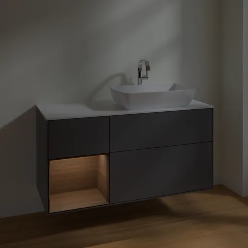 VILLEROY BOCH Toaletní skříňka Finion, s osvětlením, 3 výsuvy, 1200 x 603 x 501 mm, antracit matný lak / ořechová dýha / sklo bílé matné #F801GNGK, obrázek 2