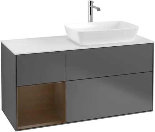 VILLEROY BOCH Toaletní skříňka Finion, s osvětlením, 3 výsuvy, 1200 x 603 x 501 mm, antracit matný lak / ořechová dýha / sklo bílé matné #F801GNGK, obrázek 1