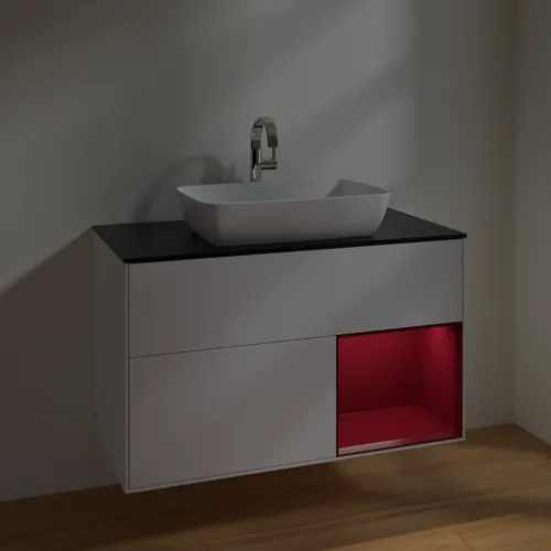 VILLEROY BOCH Toaletní skříňka Finion, s osvětlením, 2 výsuvy, 1000 x 603 x 501 mm, bílý matný lak / pivoňkový matný lak / černé matné sklo #F782HBMT, obrázek 5