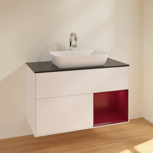VILLEROY BOCH Toaletní skříňka Finion, s osvětlením, 2 výsuvy, 1000 x 603 x 501 mm, bílý matný lak / pivoňkový matný lak / černé matné sklo #F782HBMT, obrázek 2