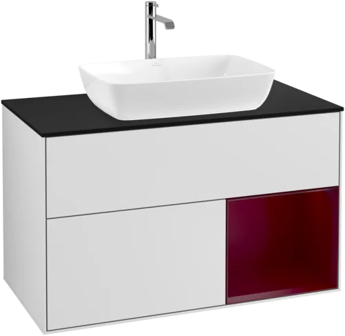 VILLEROY BOCH Toaletní skříňka Finion, s osvětlením, 2 výsuvy, 1000 x 603 x 501 mm, bílý matný lak / pivoňkový matný lak / černé matné sklo #F782HBMT, obrázek 1