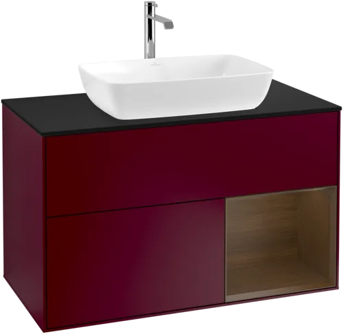 VILLEROY BOCH Toaletní stolek Finion, s osvětlením, 2 výsuvy, 1000 x 603 x 501 mm, matný lak Peony / ořechová dýha / černé matné sklo #F782GNHB, obrázek 1