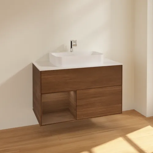 VILLEROY BOCH Toaletní stolek Finion, s osvětlením, 2 výsuvy, 1000 x 603 x 501 mm, ořechová dýha / ořechová dýha / sklo bílé matné #F361GNGN, obrázek 2