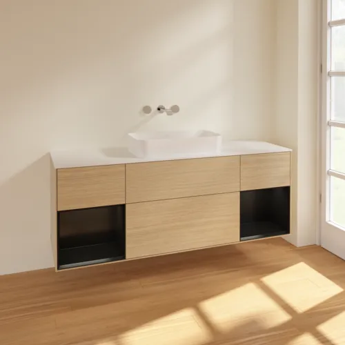 VILLEROY BOCH Toaletní skříňka Finion, s osvětlením, 4 výsuvy, 1600 x 603 x 501 mm, dubová dýha / černý matný lak / bílé matné sklo #F741PDPC, obrázek 2