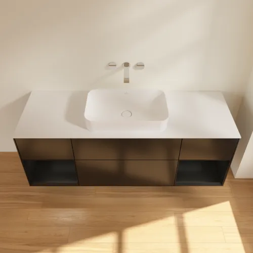 VILLEROY BOCH Toaletní skříňka Finion, s osvětlením, 4 výsuvy, 1600 x 603 x 501 mm, černý matný lak / černý matný lak / sklo bílé matné #F741PDPD, obrázek 4