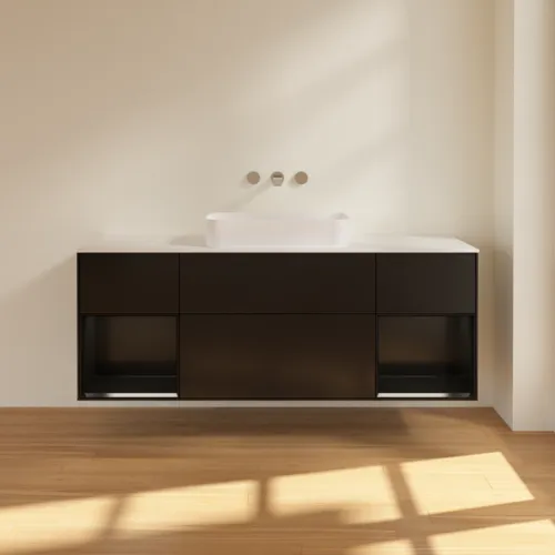 VILLEROY BOCH Toaletní skříňka Finion, s osvětlením, 4 výsuvy, 1600 x 603 x 501 mm, černý matný lak / černý matný lak / sklo bílé matné #F741PDPD, obrázek 3