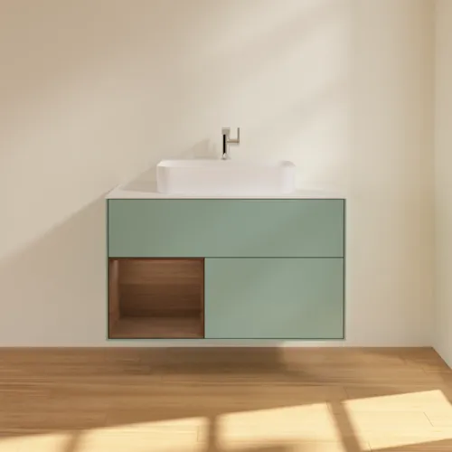 VILLEROY BOCH Toaletní skříňka Finion, s osvětlením, 2 výsuvy, 1000 x 603 x 501 mm, olivový matný lak / ořechová dýha / sklo bílé matné #F361GNGM, obrázek 3