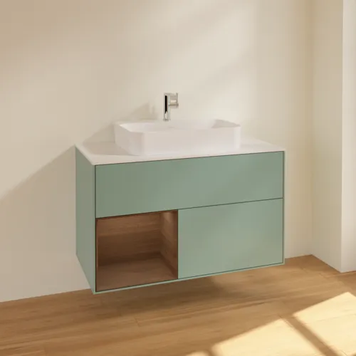 VILLEROY BOCH Toaletní skříňka Finion, s osvětlením, 2 výsuvy, 1000 x 603 x 501 mm, olivový matný lak / ořechová dýha / sklo bílé matné #F361GNGM, obrázek 2