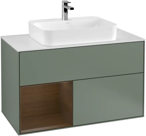 VILLEROY BOCH Toaletní skříňka Finion, s osvětlením, 2 výsuvy, 1000 x 603 x 501 mm, olivový matný lak / ořechová dýha / sklo bílé matné #F361GNGM, obrázek 1