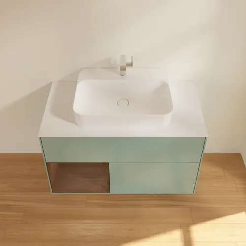VILLEROY BOCH Toaletní skříňka Finion, s osvětlením, 2 výsuvy, 1000 x 603 x 501 mm, olivový matný lak / ořechová dýha / sklo bílé matné #F361GNGM, obrázek 4