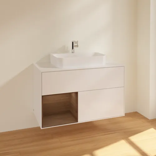 VILLEROY BOCH Toaletní skříňka Finion, s osvětlením, 2 výsuvy, 1000 x 603 x 501 mm, lesklý bílý lak / ořechová dýha / sklo bílé matné #F361GNGF, obrázek 2