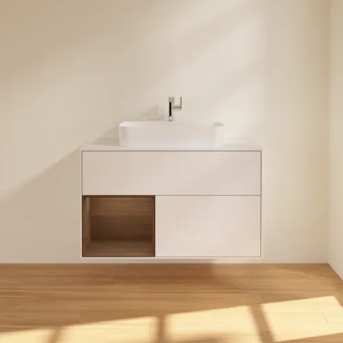 VILLEROY BOCH Toaletní skříňka Finion, s osvětlením, 2 výsuvy, 1000 x 603 x 501 mm, lesklý bílý lak / ořechová dýha / sklo bílé matné #F361GNGF, obrázek 3