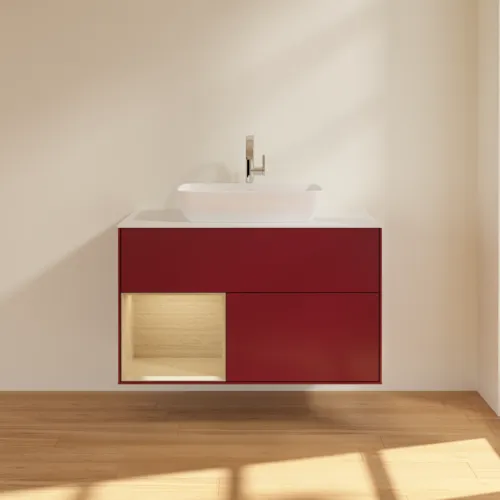 VILLEROY BOCH Toaletní skříňka Finion, s osvětlením, 2 výsuvy, 1000 x 603 x 501 mm, matný lak Peony / dubová dýha / bílé matné sklo #F771PCHB, obrázek 3