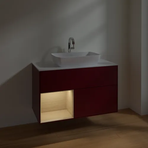 VILLEROY BOCH Toaletní skříňka Finion, s osvětlením, 2 výsuvy, 1000 x 603 x 501 mm, matný lak Peony / dubová dýha / bílé matné sklo #F771PCHB, obrázek 5
