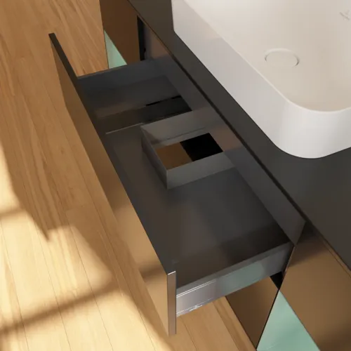 VILLEROY BOCH Toaletní skříňka Finion, s osvětlením, 4 výsuvy, 1600 x 603 x 501 mm, černý matný lak / olivový matný lak / černé matné sklo #F332GMPD, obrázek 8