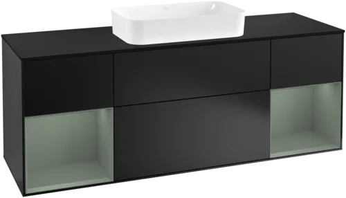 VILLEROY BOCH Toaletní skříňka Finion, s osvětlením, 4 výsuvy, 1600 x 603 x 501 mm, černý matný lak / olivový matný lak / černé matné sklo #F332GMPD