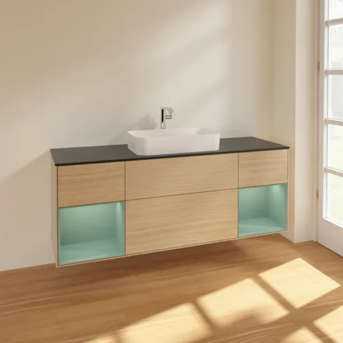 VILLEROY BOCH Toaletní skříňka Finion, s osvětlením, 4 výsuvy, 1600 x 603 x 501 mm, dubová dýha / olivově matný lak / sklo černé matné #F332GMPC, obrázek 2