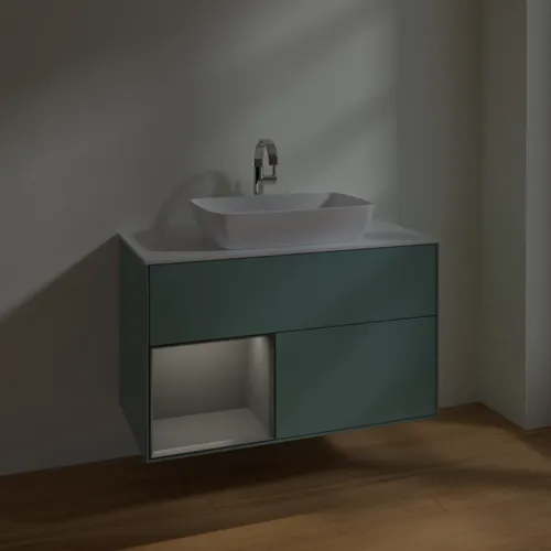 VILLEROY BOCH Toaletní skříňka Finion, s osvětlením, 2 výsuvy, 1000 x 603 x 501 mm, olivový matný lak / antracitový matný lak / bílé matné sklo #F771GKGM, obrázek 5