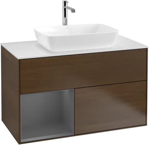 VILLEROY BOCH Toaletní skříňka Finion, s osvětlením, 2 výsuvy, 1000 x 603 x 501 mm, ořechová dýha / antracitový matný lak / bílé matné sklo #F771GKGN, obrázek 1