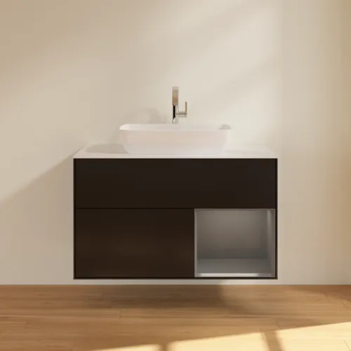 VILLEROY BOCH Toaletní skříňka Finion, s osvětlením, 2 výsuvy, 1000 x 603 x 501 mm, černý matný lak / antracitový matný lak / bílé matné sklo #F781GKPD, obrázek 3