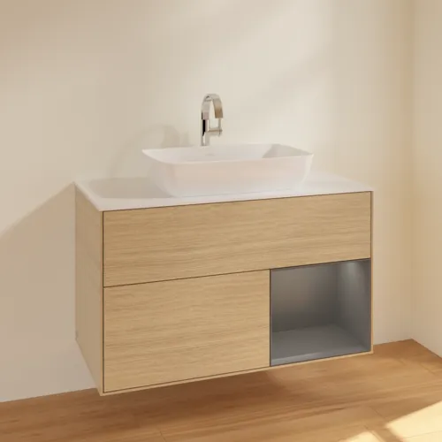 VILLEROY BOCH Toaletní skříňka Finion, s osvětlením, 2 výsuvy, 1000 x 603 x 501 mm, dubová dýha / antracitový matný lak / bílé matné sklo #F781GKPC, obrázek 2