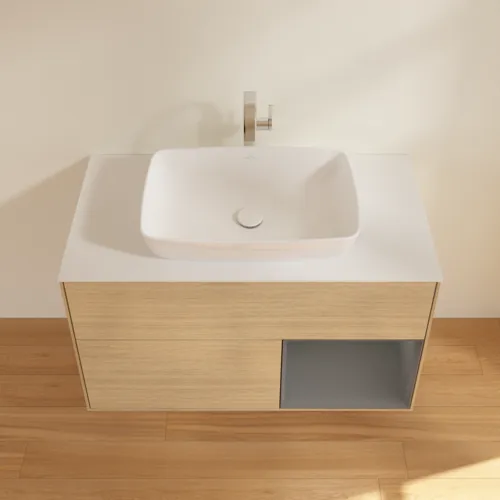 VILLEROY BOCH Toaletní skříňka Finion, s osvětlením, 2 výsuvy, 1000 x 603 x 501 mm, dubová dýha / antracitový matný lak / bílé matné sklo #F781GKPC, obrázek 4