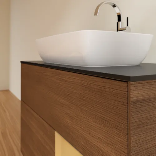 VILLEROY BOCH Toaletní skříňka Finion, s osvětlením, 2 výsuvy, 1000 x 603 x 501 mm, ořechová dýha / zlatý matný lak / černé matné sklo #F782HFGN, obrázek 6