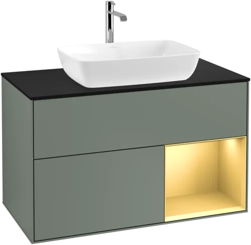 VILLEROY BOCH Toaletní skříňka Finion, s osvětlením, 2 výsuvy, 1000 x 603 x 501 mm, olivový matný lak / zlatý matný lak / černé matné sklo #F782HFGM, obrázek 1