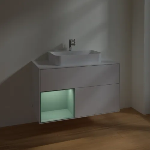 VILLEROY BOCH Toaletní skříňka Finion, s osvětlením, 2 výsuvy, 1000 x 603 x 501 mm, lesklý bílý lak / olivově matný lak / sklo bílé matné #F361GMGF, obrázek 5