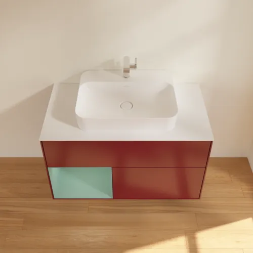 VILLEROY BOCH Toaletní skříňka Finion, s osvětlením, 2 výsuvy, 1000 x 603 x 501 mm, Pivoňka matný lak / Olivový matný lak / Sklo bílé matné #F361GMHB, obrázek 4