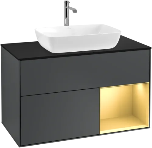 VILLEROY BOCH Toaletní skříňka Finion, s osvětlením, 2 výsuvy, 1000 x 603 x 501 mm, Midnight Blue Matt Lacquer / Gold Matt Lacquer / Glass Black Matt #F782HFHG, obrázek 1