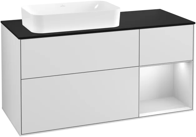 VILLEROY BOCH Toaletní skříňka Finion, s osvětlením, 3 výsuvy, 1200 x 603 x 501 mm, bílý matný lak / bílý matný lak / černé matné sklo #F282MTMT