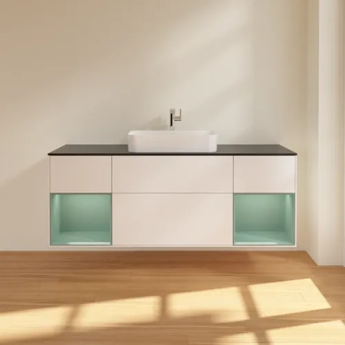 VILLEROY BOCH Toaletní skříňka Finion, s osvětlením, 4 výsuvy, 1600 x 603 x 501 mm, bílý matný lak / olivový matný lak / černé matné sklo #F332GMMT, obrázek 3