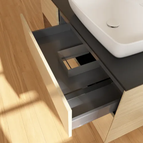 VILLEROY BOCH Toaletní stolek Finion, s osvětlením, 3 výsuvy, 1200 x 603 x 501 mm, dubová dýha / ořechová dýha / sklo černé matné #F802GNPC, obrázek 5