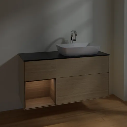 VILLEROY BOCH Toaletní stolek Finion, s osvětlením, 3 výsuvy, 1200 x 603 x 501 mm, dubová dýha / ořechová dýha / sklo černé matné #F802GNPC, obrázek 3