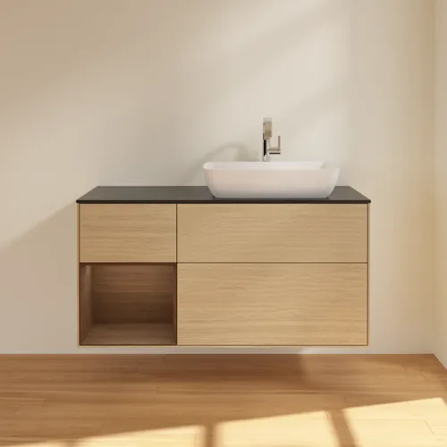 VILLEROY BOCH Toaletní stolek Finion, s osvětlením, 3 výsuvy, 1200 x 603 x 501 mm, dubová dýha / ořechová dýha / sklo černé matné #F802GNPC, obrázek 2