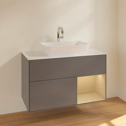 VILLEROY BOCH Toaletní skříňka Finion, s osvětlením, 2 výsuvy, 1000 x 603 x 501 mm, antracit matný lak / dubová dýha / sklo bílé matné #F781PCGK, obrázek 2