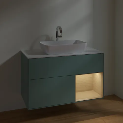 VILLEROY BOCH Toaletní skříňka Finion, s osvětlením, 2 výsuvy, 1000 x 603 x 501 mm, olivový matný lak / dubová dýha / sklo bílé matné #F781PCGM, obrázek 5