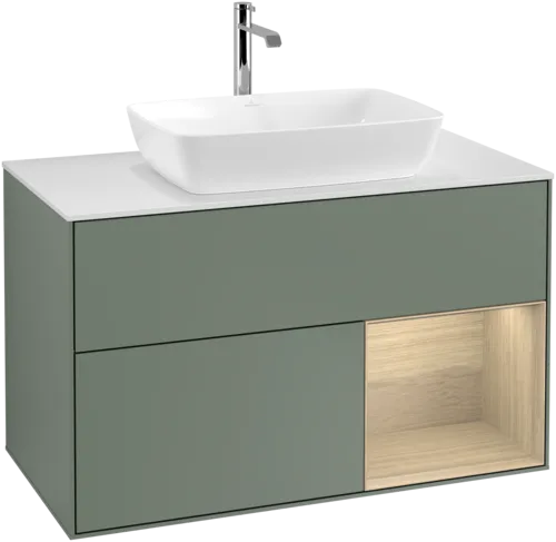 VILLEROY BOCH Toaletní skříňka Finion, s osvětlením, 2 výsuvy, 1000 x 603 x 501 mm, olivový matný lak / dubová dýha / sklo bílé matné #F781PCGM, obrázek 1