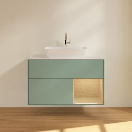 VILLEROY BOCH Toaletní skříňka Finion, s osvětlením, 2 výsuvy, 1000 x 603 x 501 mm, olivový matný lak / dubová dýha / sklo bílé matné #F781PCGM, obrázek 3