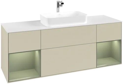 VILLEROY BOCH Toaletní skříňka Finion, s osvětlením, 4 výsuvy, 1600 x 603 x 501 mm, hedvábně šedý matný lak / olivový matný lak / bílé matné sklo #F331GMHJ