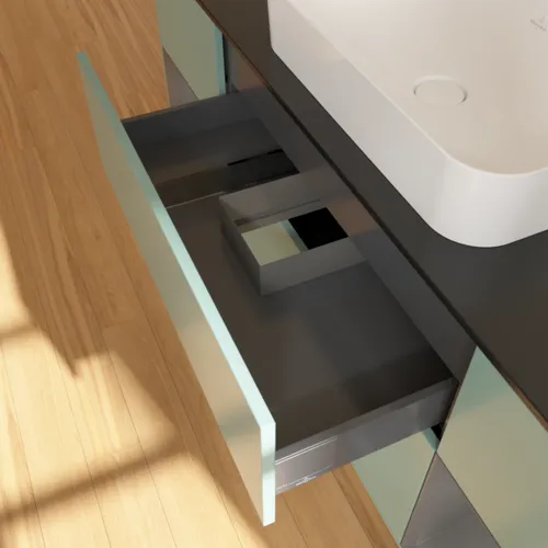 VILLEROY BOCH Toaletní skříňka Finion, s osvětlením, 4 výsuvy, 1600 x 603 x 501 mm, olivový matný lak / antracitový matný lak / černé matné sklo #F332GKGM, obrázek 8
