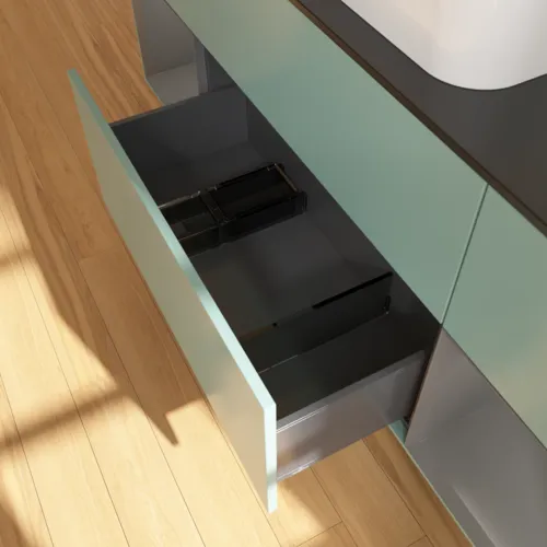 VILLEROY BOCH Toaletní skříňka Finion, s osvětlením, 4 výsuvy, 1600 x 603 x 501 mm, olivový matný lak / antracitový matný lak / černé matné sklo #F332GKGM, obrázek 7