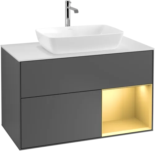 VILLEROY BOCH Toaletní skříňka Finion, s osvětlením, 2 výsuvy, 1000 x 603 x 501 mm, antracitový matný lak / zlatý matný lak / bílé matné sklo #F781HFGK, obrázek 1