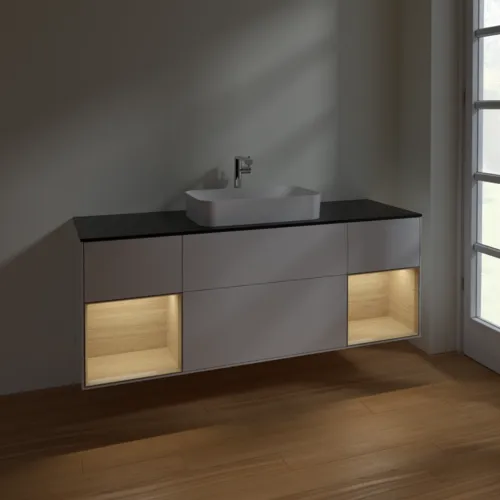VILLEROY BOCH Toaletní skříňka Finion, s osvětlením, 4 výsuvy, 1600 x 603 x 501 mm, lesklý bílý lak / dubová dýha / černé matné sklo #F332PCGF, obrázek 5