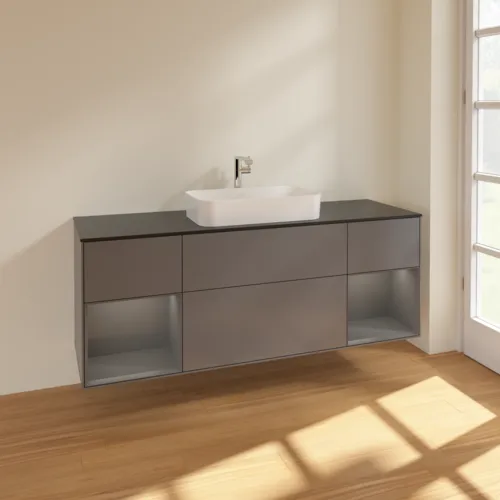 VILLEROY BOCH Toaletní skříňka Finion, s osvětlením, 4 výsuvy, 1600 x 603 x 501 mm, antracit matný lak / antracit matný lak / sklo černé matné #F332GKGK, obrázek 2