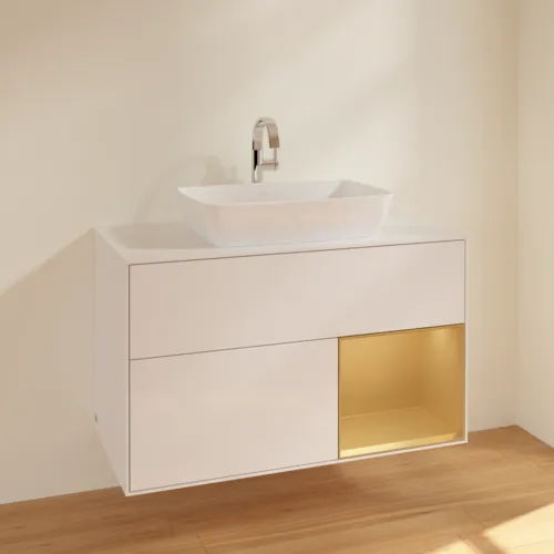 VILLEROY BOCH Toaletní skříňka Finion, s osvětlením, 2 výsuvy, 1000 x 603 x 501 mm, lesklý bílý lak / zlatý matný lak / bílé matné sklo #F781HFGF, obrázek 2