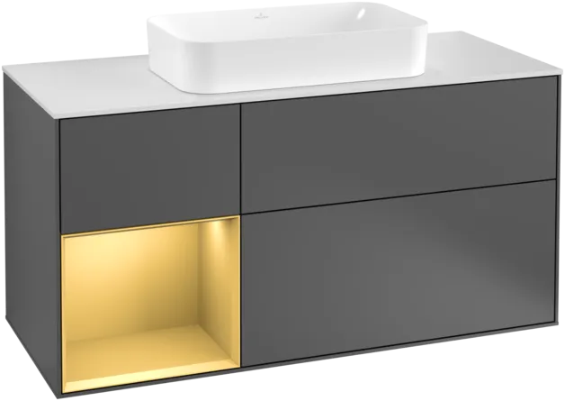 VILLEROY BOCH Toaletní skříňka Finion, s osvětlením, 3 výsuvy, 1200 x 603 x 501 mm, antracitový matný lak / zlatý matný lak / bílé matné sklo #F291HFGK