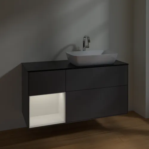 VILLEROY BOCH Toaletní skříňka Finion, s osvětlením, 3 výsuvy, 1200 x 603 x 501 mm, antracitový matný lak / lesklý bílý lak / černé matné sklo #F802GFGK, obrázek 3